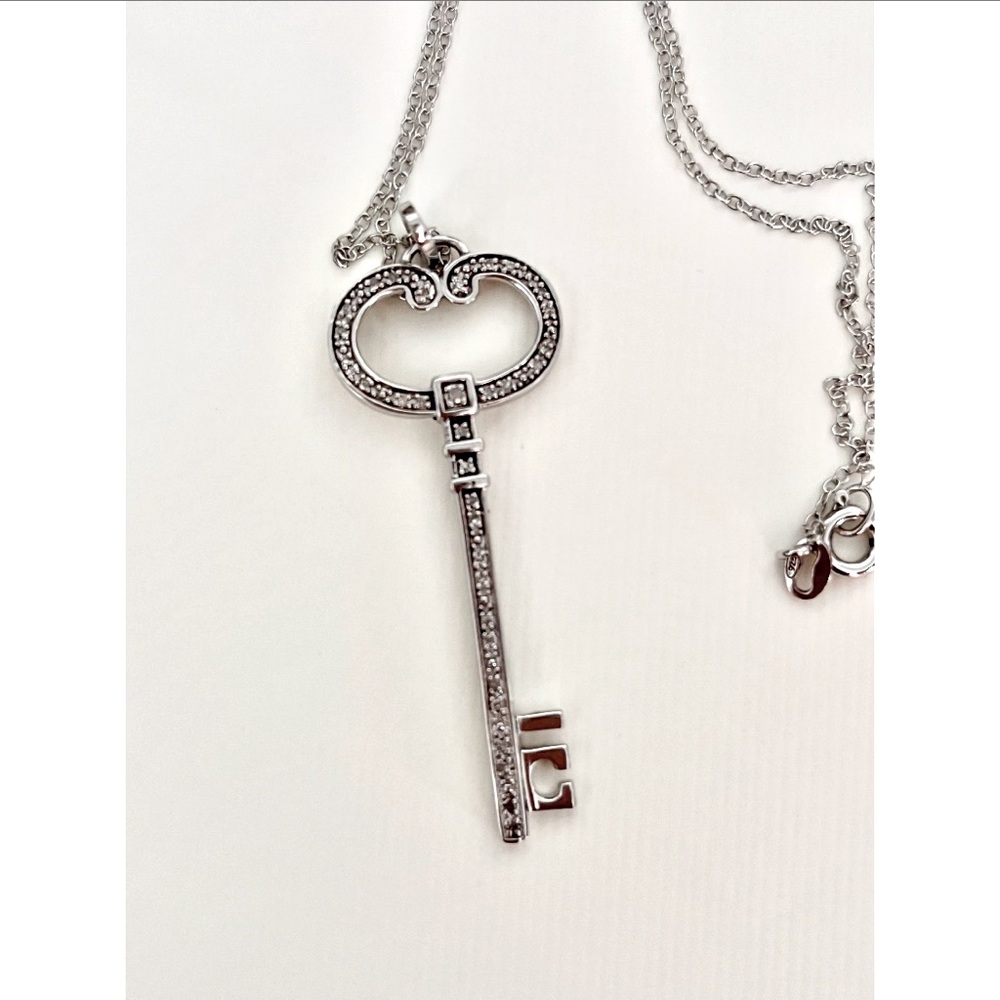 925 Sterling Silver Key Pendant Necklace with Rhinestones, 20”
